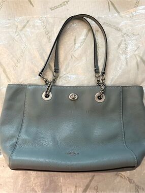 Coach Turn Lock Pebblede Leather Tote Bag in Dusty Blue